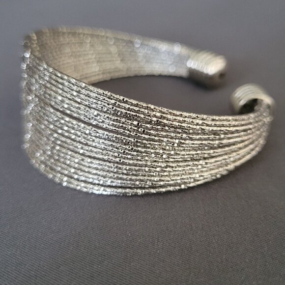 Multi Row Cuff Sparkly Textured Bracelet Silver Tone Metal Fits 6 1/4" Wrist - Picture 5 of 7